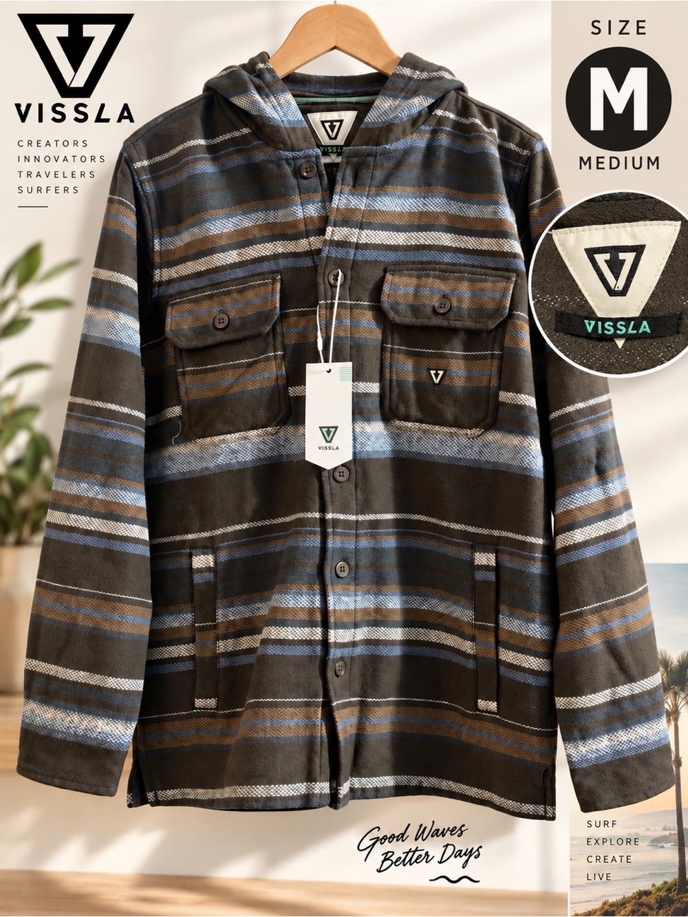 VISSLA Striped Hooded Shirt Jacket in Black, Blue & Brown